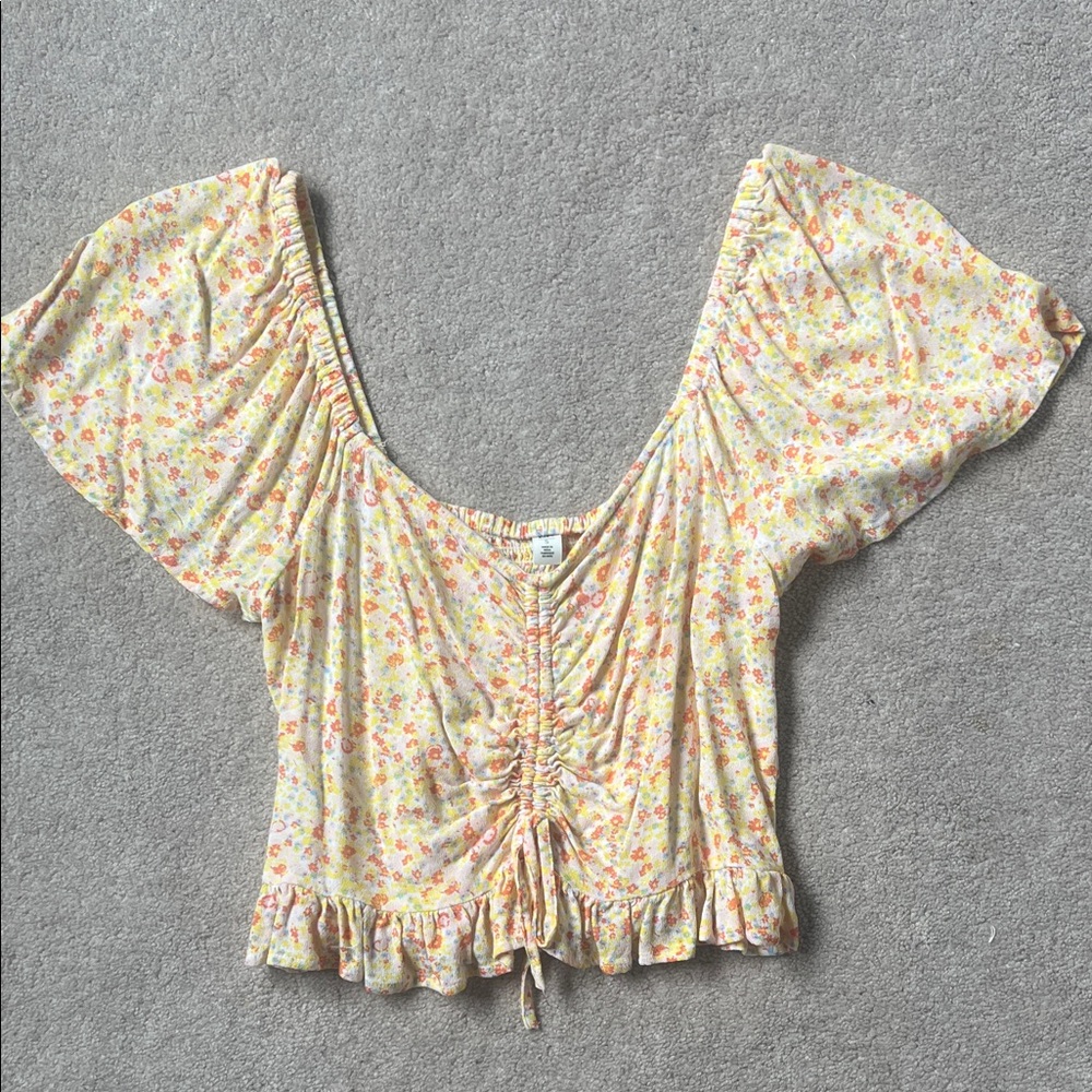 bp Yellow Floral Ruched Puff Sleeve Crop Top